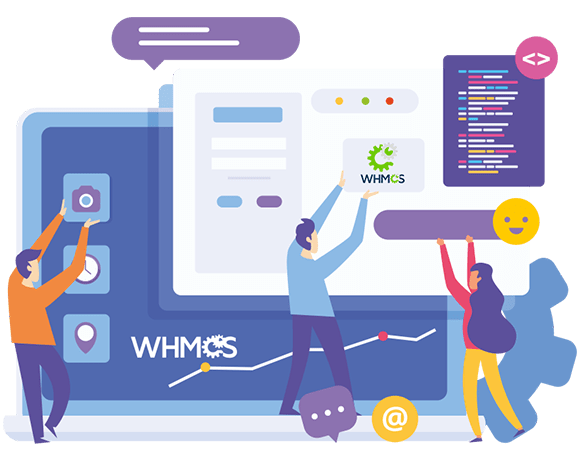 Illustration of developers working on WHMCS interface with icons, code snippets, and analytics chart representing WHMCS module development