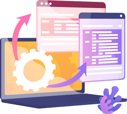 Illustration of code windows and gear icon representing WHMCS addon module integration and backend development